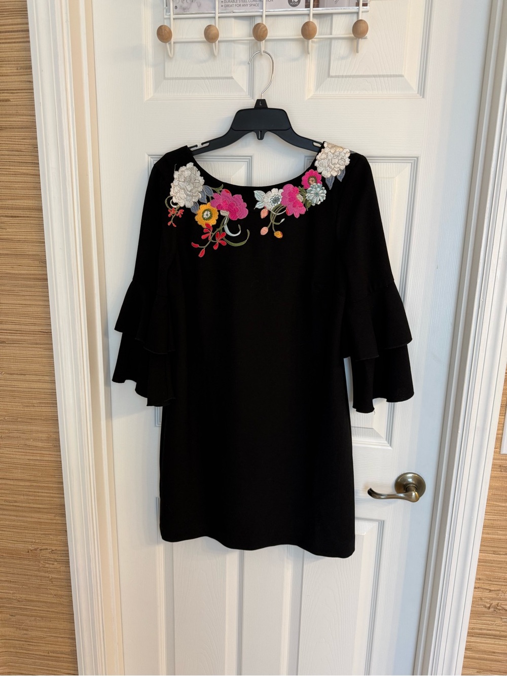 Trina Turk Black Mini Dress with Multicolor Floral Embroidery